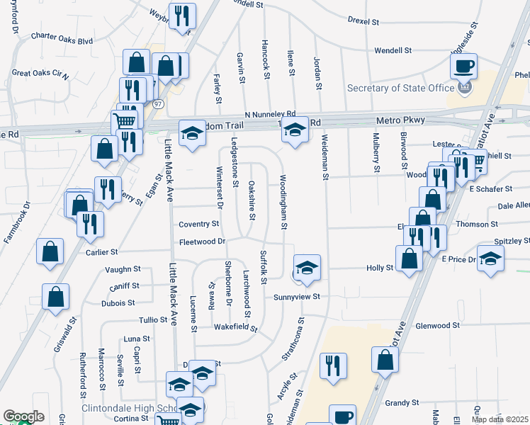 map of restaurants, bars, coffee shops, grocery stores, and more near 36287 Suffolk St in Charter Township of Clinton