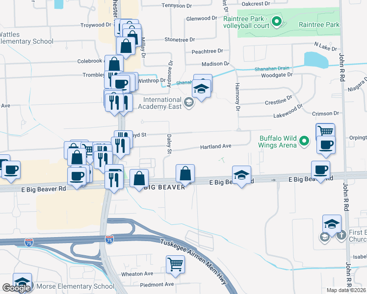 map of restaurants, bars, coffee shops, grocery stores, and more near 1255 Hartland Street in Troy