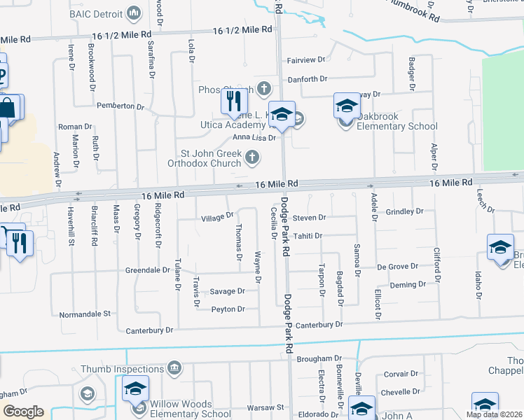map of restaurants, bars, coffee shops, grocery stores, and more near 36778 Wayne Drive in Sterling Heights