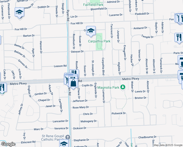 map of restaurants, bars, coffee shops, grocery stores, and more near 37134 Saint Joseph Drive in Sterling Heights