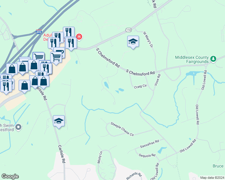map of restaurants, bars, coffee shops, grocery stores, and more near 14 Southgate Road in Westford