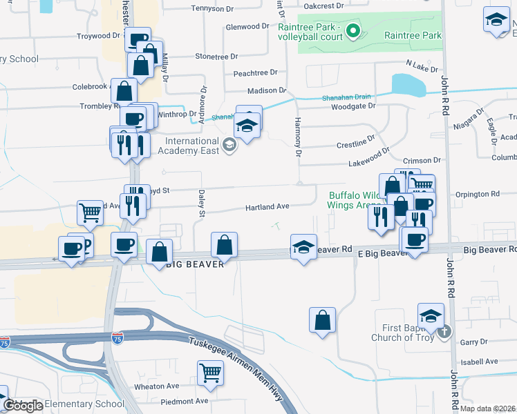 map of restaurants, bars, coffee shops, grocery stores, and more near 1411 Hartland Street in Troy