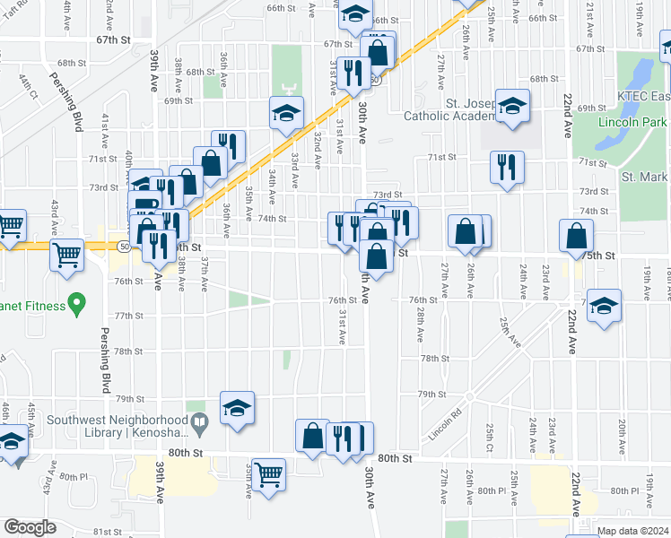 map of restaurants, bars, coffee shops, grocery stores, and more near 7518 31st Avenue in Kenosha