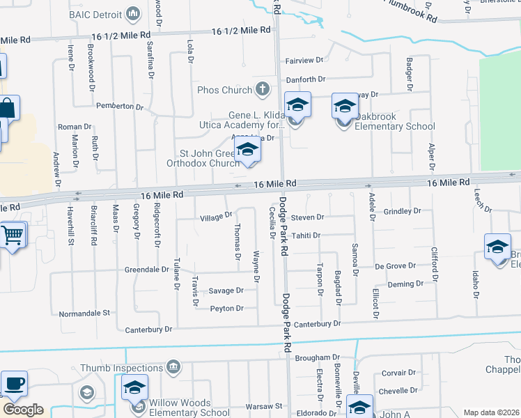 map of restaurants, bars, coffee shops, grocery stores, and more near 36778 Wayne Drive in Sterling Heights