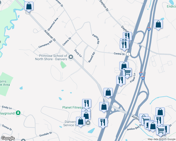 map of restaurants, bars, coffee shops, grocery stores, and more near 267 Massachusetts 114 in Danvers