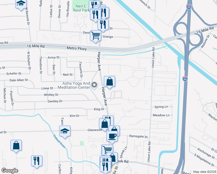 map of restaurants, bars, coffee shops, grocery stores, and more near 24551 Eastwood Village Drive in Charter Township of Clinton