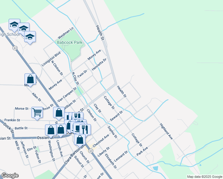 map of restaurants, bars, coffee shops, grocery stores, and more near 46 Perine Street in Dansville