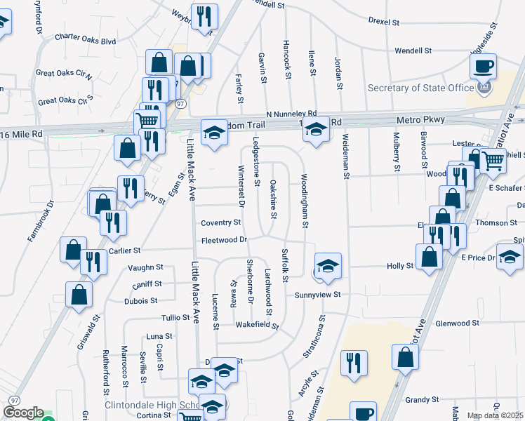 map of restaurants, bars, coffee shops, grocery stores, and more near 36258 Ledgestone Street in Clinton Township