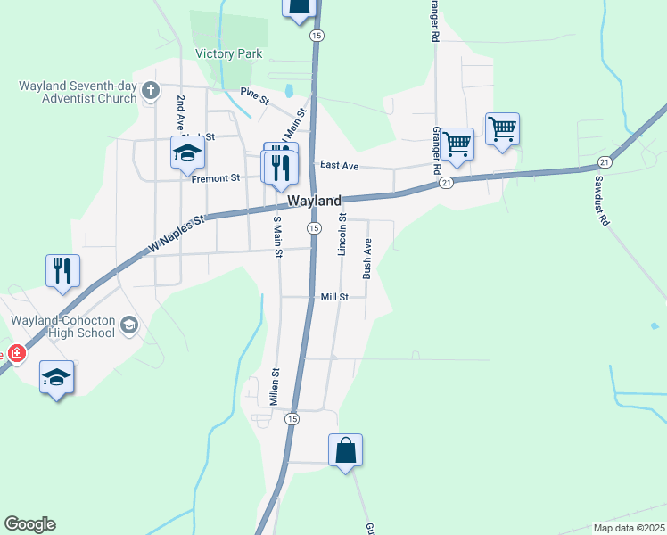 map of restaurants, bars, coffee shops, grocery stores, and more near 123 Lincoln St in Wayland