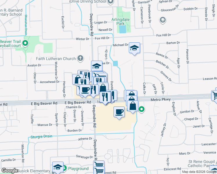 map of restaurants, bars, coffee shops, grocery stores, and more near 37191 Dundee Street in Sterling Heights