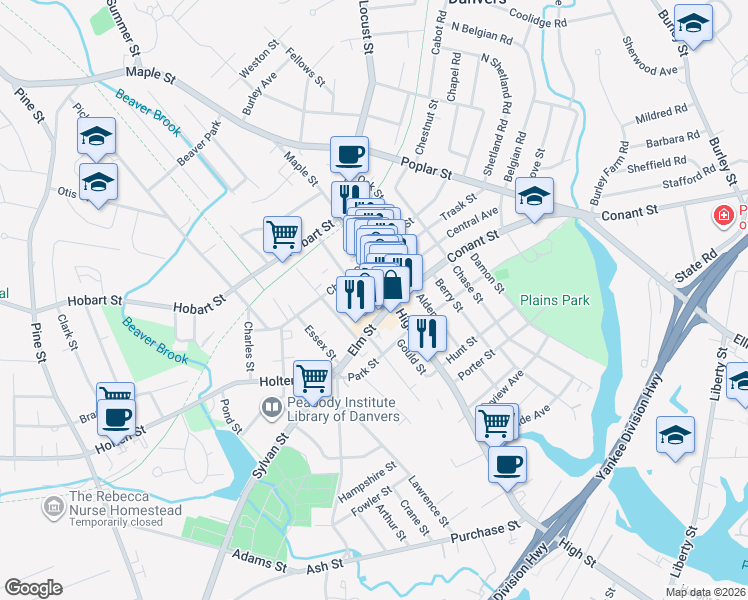 map of restaurants, bars, coffee shops, grocery stores, and more near 5 Page Street in Danvers