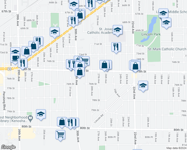 map of restaurants, bars, coffee shops, grocery stores, and more near 7517 28th Avenue in Kenosha
