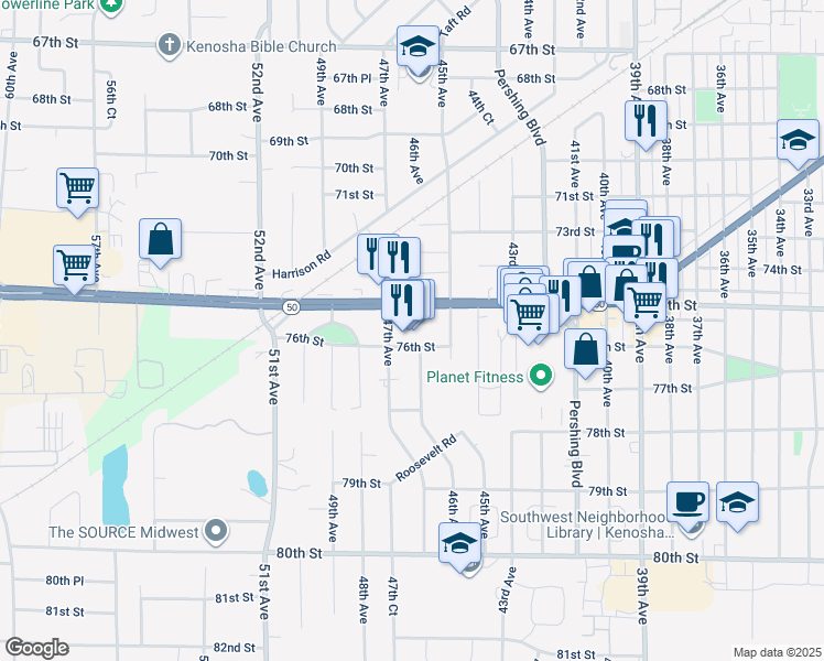map of restaurants, bars, coffee shops, grocery stores, and more near 4627 75th Street in Kenosha