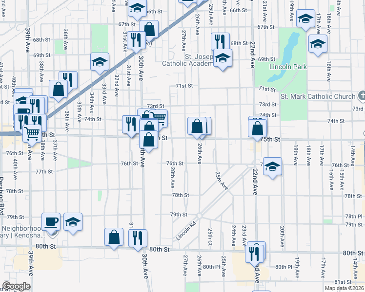 map of restaurants, bars, coffee shops, grocery stores, and more near 7516 27th Avenue in Kenosha