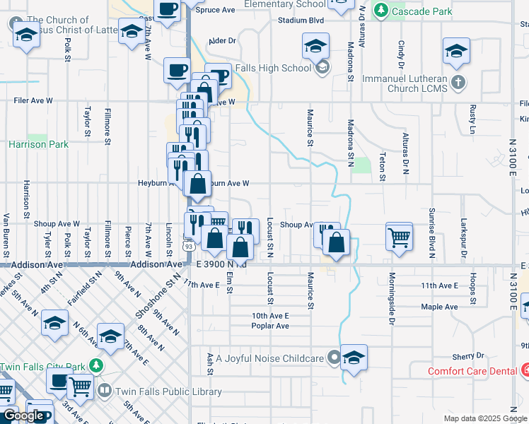 map of restaurants, bars, coffee shops, grocery stores, and more near 221 Locust Street North in Twin Falls