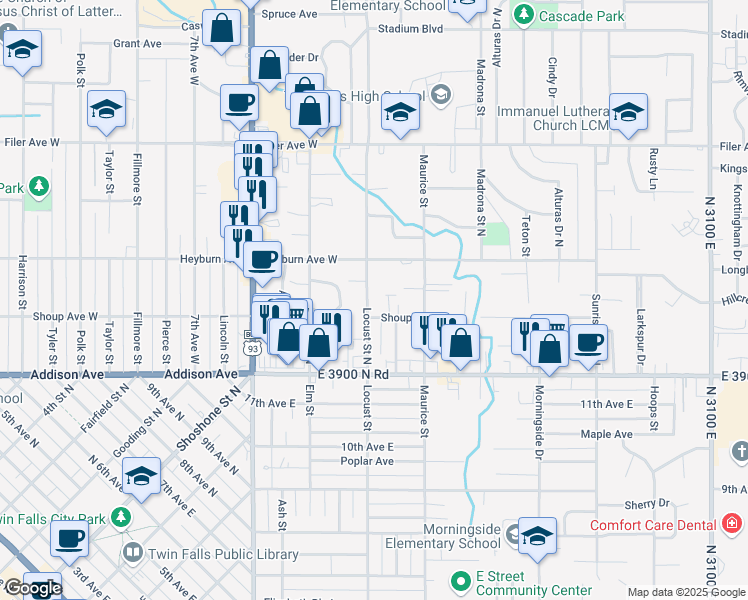 map of restaurants, bars, coffee shops, grocery stores, and more near 211 Juniper Street North in Twin Falls