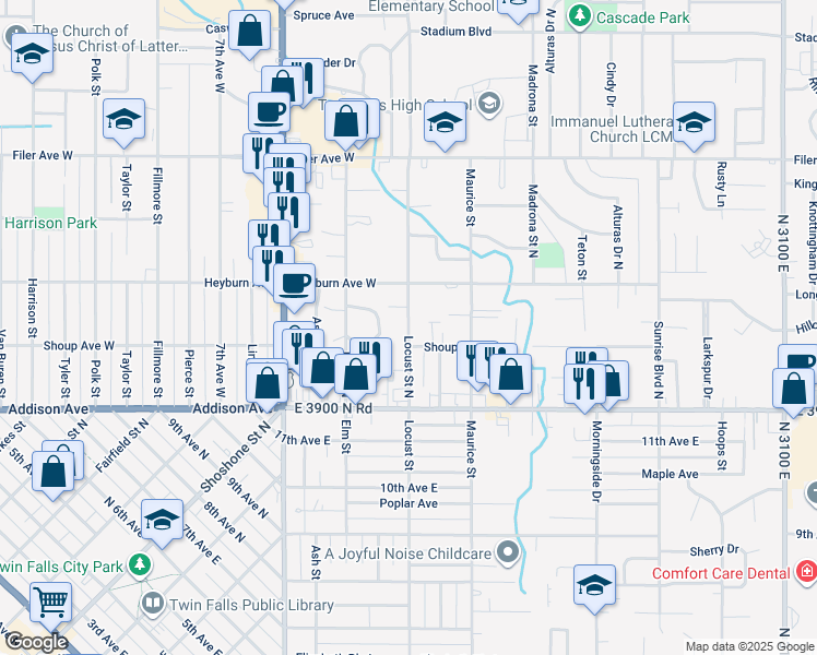 map of restaurants, bars, coffee shops, grocery stores, and more near 221 Locust Street North in Twin Falls