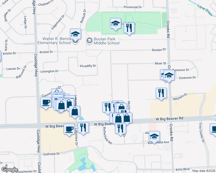 map of restaurants, bars, coffee shops, grocery stores, and more near 3243 Alpine Rd in Troy