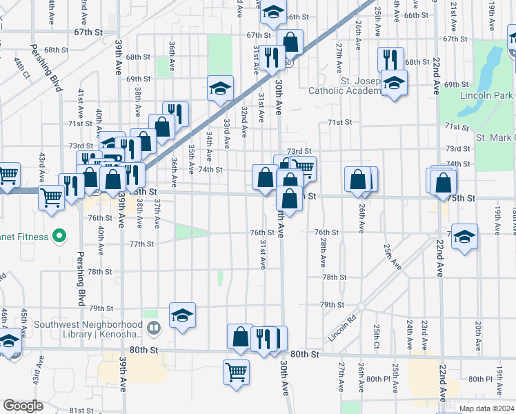 map of restaurants, bars, coffee shops, grocery stores, and more near 7516 31st Avenue in Kenosha