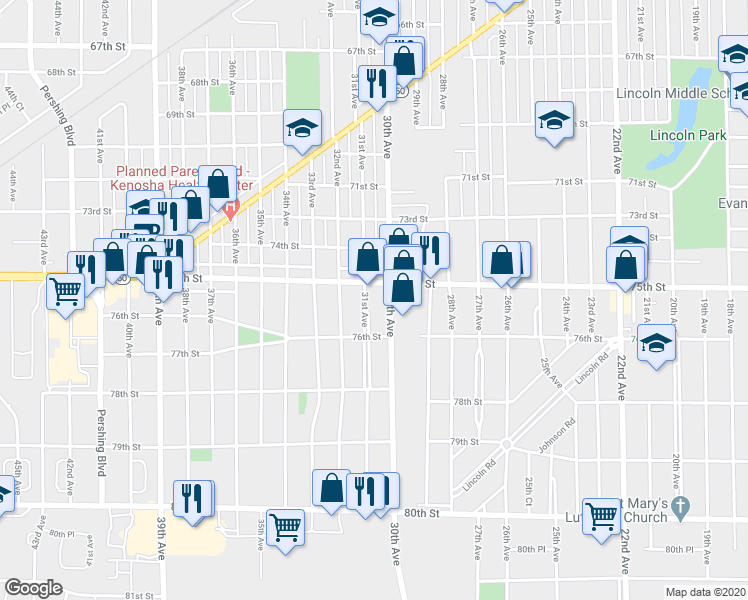 map of restaurants, bars, coffee shops, grocery stores, and more near 7515 31st Avenue in Kenosha