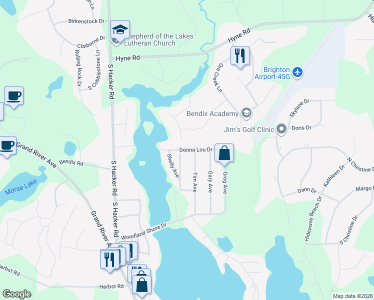 map of restaurants, bars, coffee shops, grocery stores, and more near 8205 Donna Lou Drive in Brighton