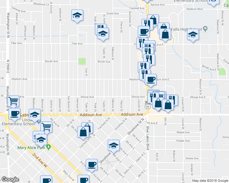map of restaurants, bars, coffee shops, grocery stores, and more near 226 Fillmore Street in Twin Falls