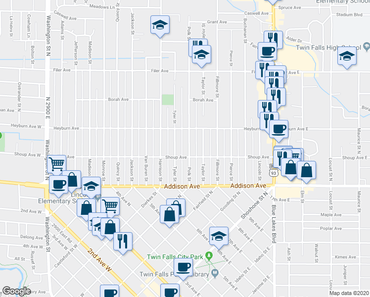 map of restaurants, bars, coffee shops, grocery stores, and more near 225 Polk St in Twin Falls