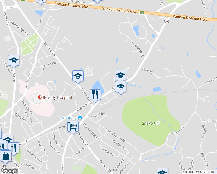 map of restaurants, bars, coffee shops, grocery stores, and more near 234 Essex Street in Beverly