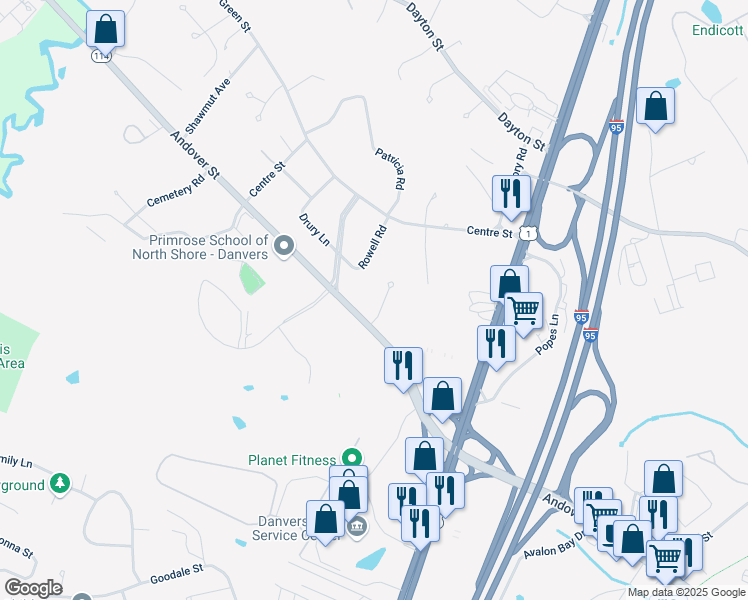 map of restaurants, bars, coffee shops, grocery stores, and more near 267 Massachusetts 114 in Danvers