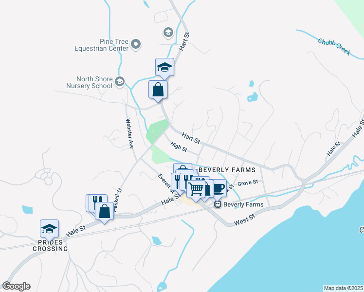 map of restaurants, bars, coffee shops, grocery stores, and more near 17 High Street in Beverly