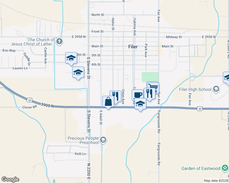 map of restaurants, bars, coffee shops, grocery stores, and more near 807 Idaho Street in Filer