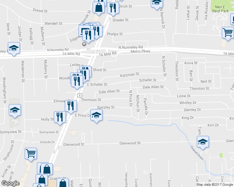 map of restaurants, bars, coffee shops, grocery stores, and more near 22504 Dale Allen Street in Charter Township of Clinton