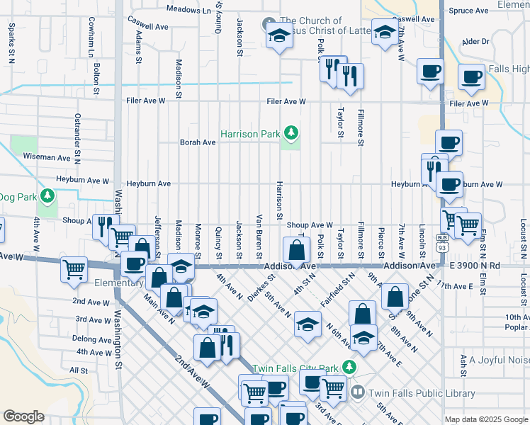 map of restaurants, bars, coffee shops, grocery stores, and more near 230 Van Buren St in Twin Falls