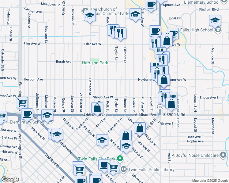 map of restaurants, bars, coffee shops, grocery stores, and more near 227 Taylor Street in Twin Falls