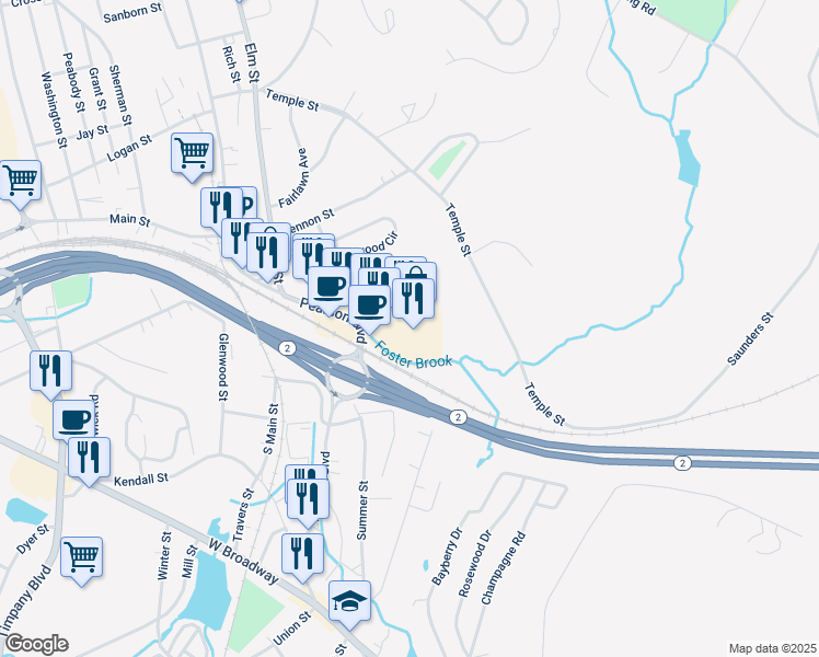 map of restaurants, bars, coffee shops, grocery stores, and more near 60 Pearson Boulevard in Gardner