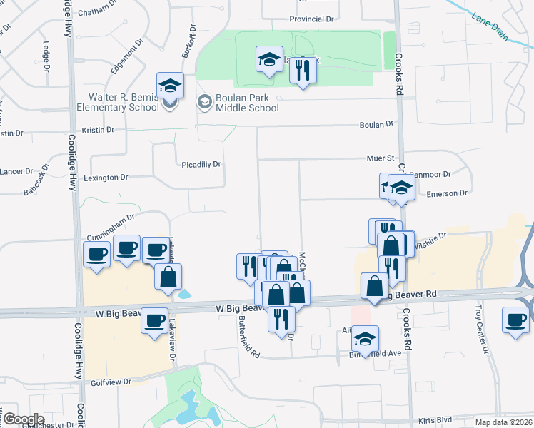 map of restaurants, bars, coffee shops, grocery stores, and more near 3244 Alpine Road in Troy
