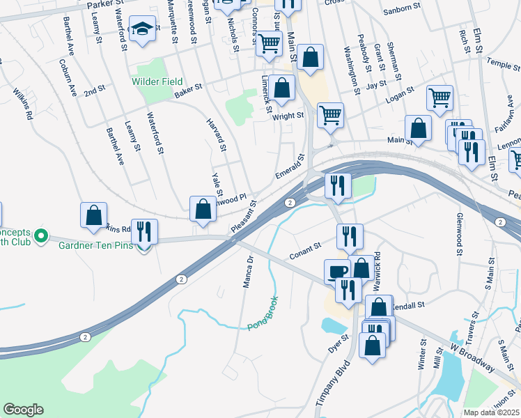 map of restaurants, bars, coffee shops, grocery stores, and more near 579 Pleasant Street in Gardner