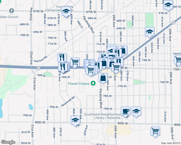map of restaurants, bars, coffee shops, grocery stores, and more near 7516 Pershing Boulevard in Kenosha