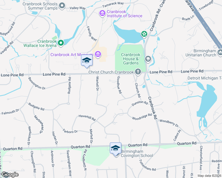 map of restaurants, bars, coffee shops, grocery stores, and more near 475 Goodhue Road in Bloomfield Hills