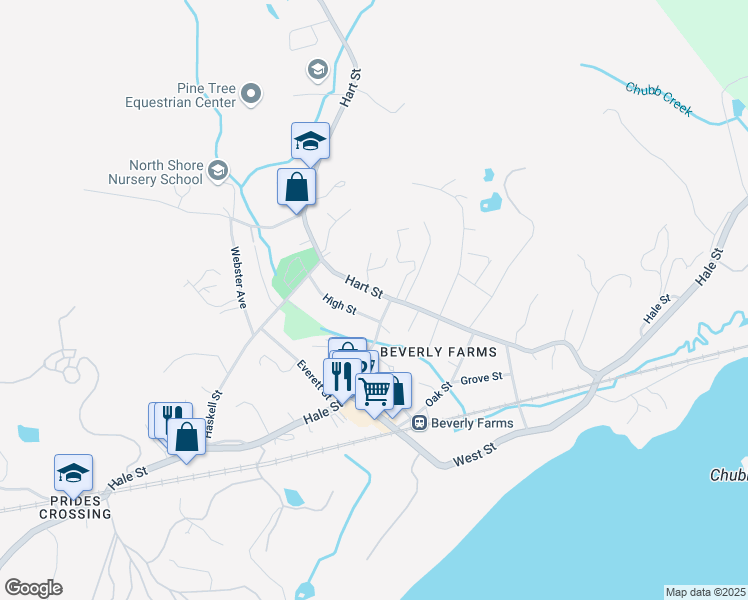 map of restaurants, bars, coffee shops, grocery stores, and more near 6 Hart Street in Beverly