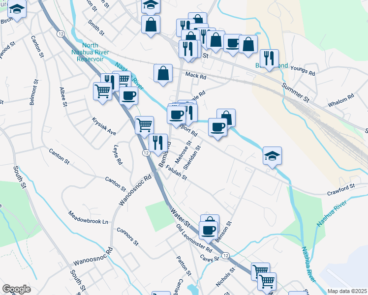 map of restaurants, bars, coffee shops, grocery stores, and more near 56 Melrose Street in Fitchburg