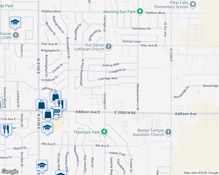 map of restaurants, bars, coffee shops, grocery stores, and more near 2628 Whispering Pine Drive in Twin Falls