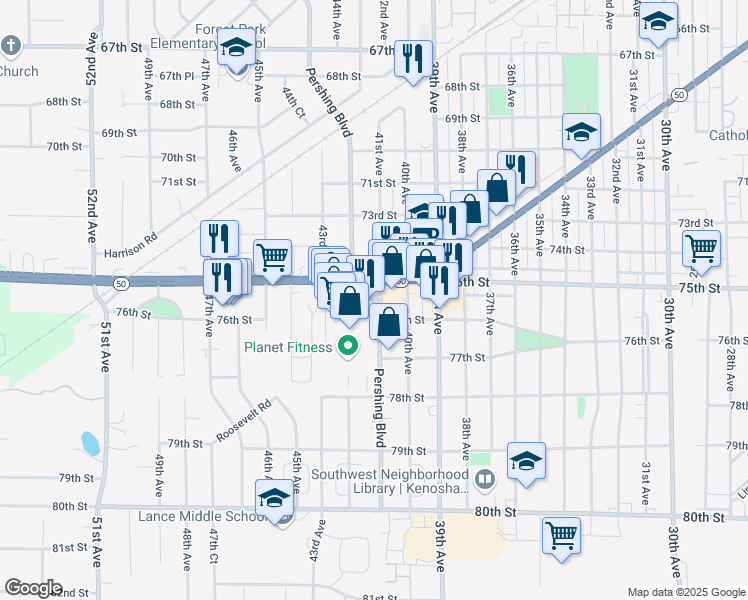 map of restaurants, bars, coffee shops, grocery stores, and more near 7578 Pershing Boulevard in Kenosha