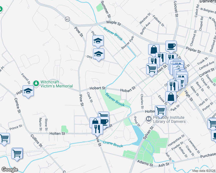 map of restaurants, bars, coffee shops, grocery stores, and more near 81 Hobart Street in Danvers