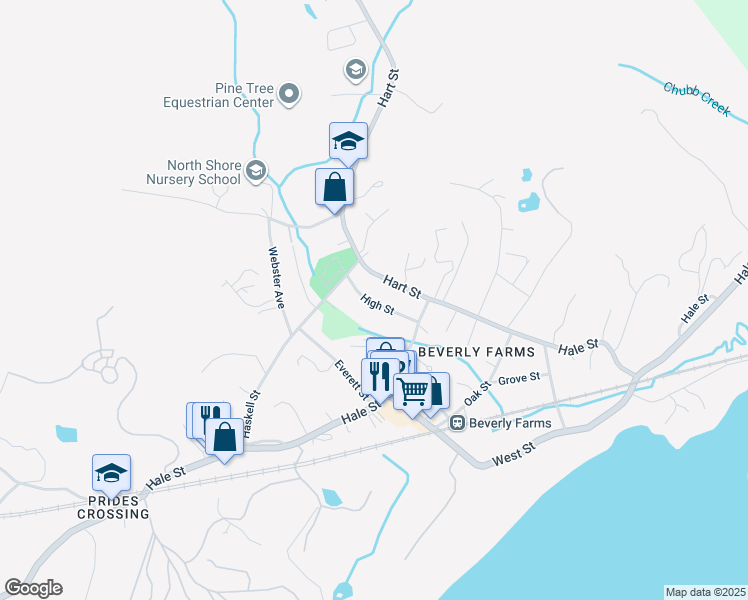 map of restaurants, bars, coffee shops, grocery stores, and more near 21 High Street in Beverly