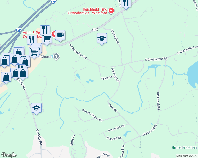map of restaurants, bars, coffee shops, grocery stores, and more near 5 Craig Circle in Westford