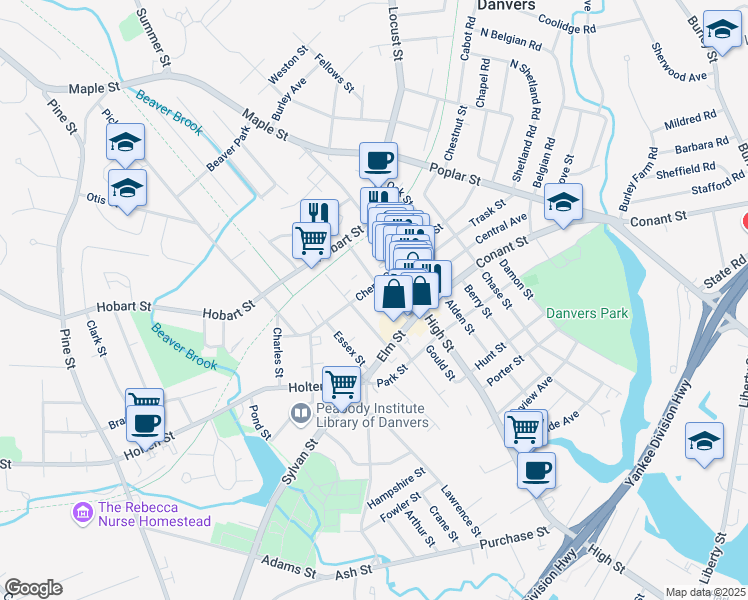 map of restaurants, bars, coffee shops, grocery stores, and more near 12 Cherry Street in Danvers
