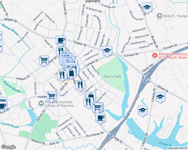 map of restaurants, bars, coffee shops, grocery stores, and more near 16 Chase Street in Danvers