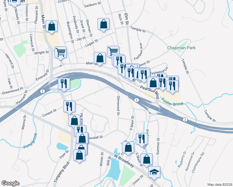 map of restaurants, bars, coffee shops, grocery stores, and more near 19 Glenwood Street in Gardner