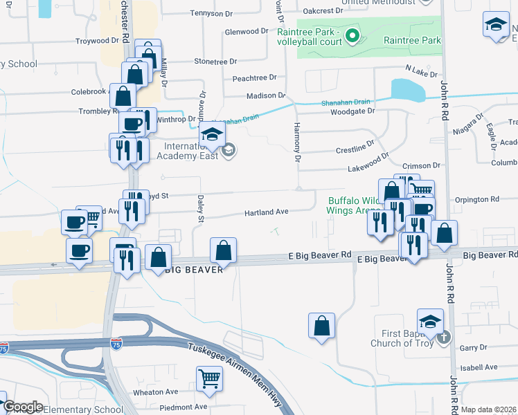 map of restaurants, bars, coffee shops, grocery stores, and more near 1411 Hartland Street in Troy